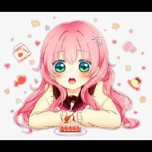 Telegram sticker  anime pink, anime characters, anime pink hair, anime girl to a cake, chibi anime girls day,