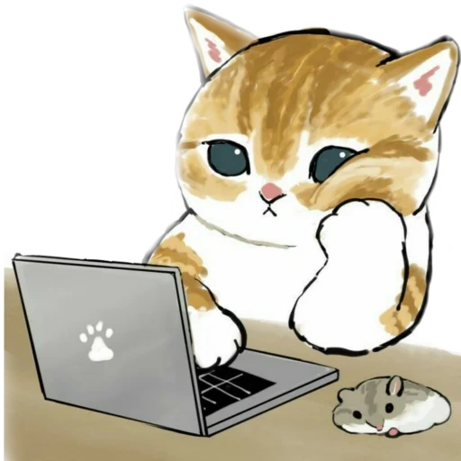 Telegram sticker  seal, illustrated cat, the cute cat is behind the computer, mofu cat in front of computer, mofu shamao notebook grating,