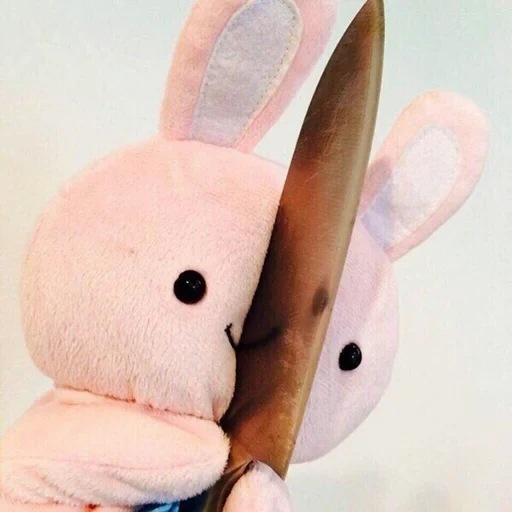 Telegram sticker  bunny with a knife, pink hare with a knife, hare with a knife, soft toy hare, rabbit toy toy,