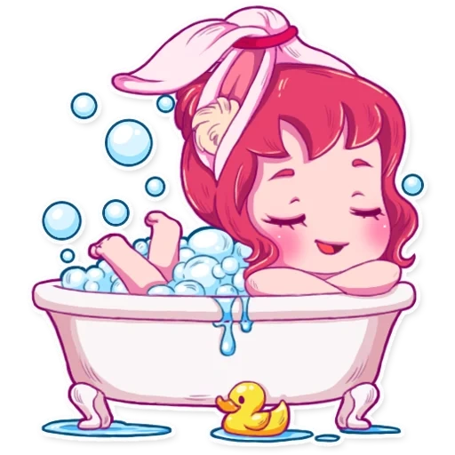 Telegram sticker  bathtub, lovely, girl, lovely girl, cartoon bathroom,